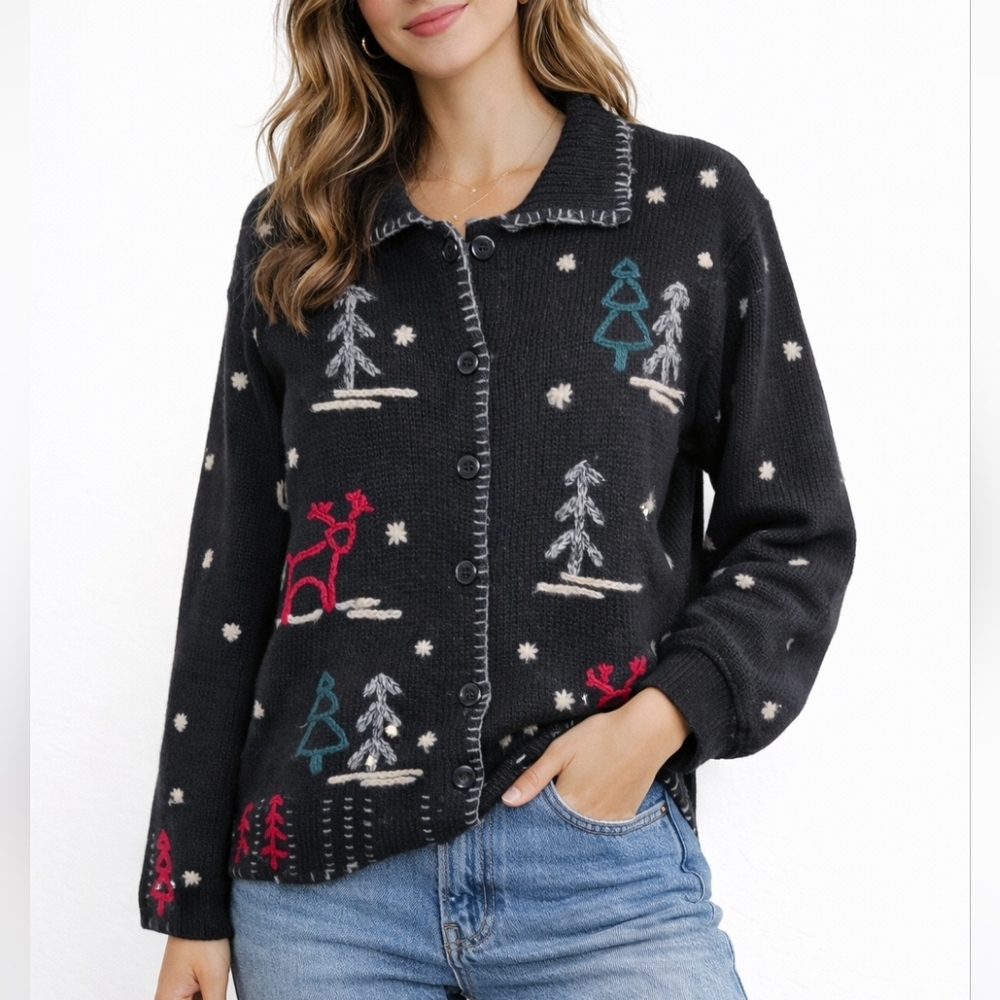 Talbots Black Wool Knit Button Front Cardigan with Winter Holiday Motifs